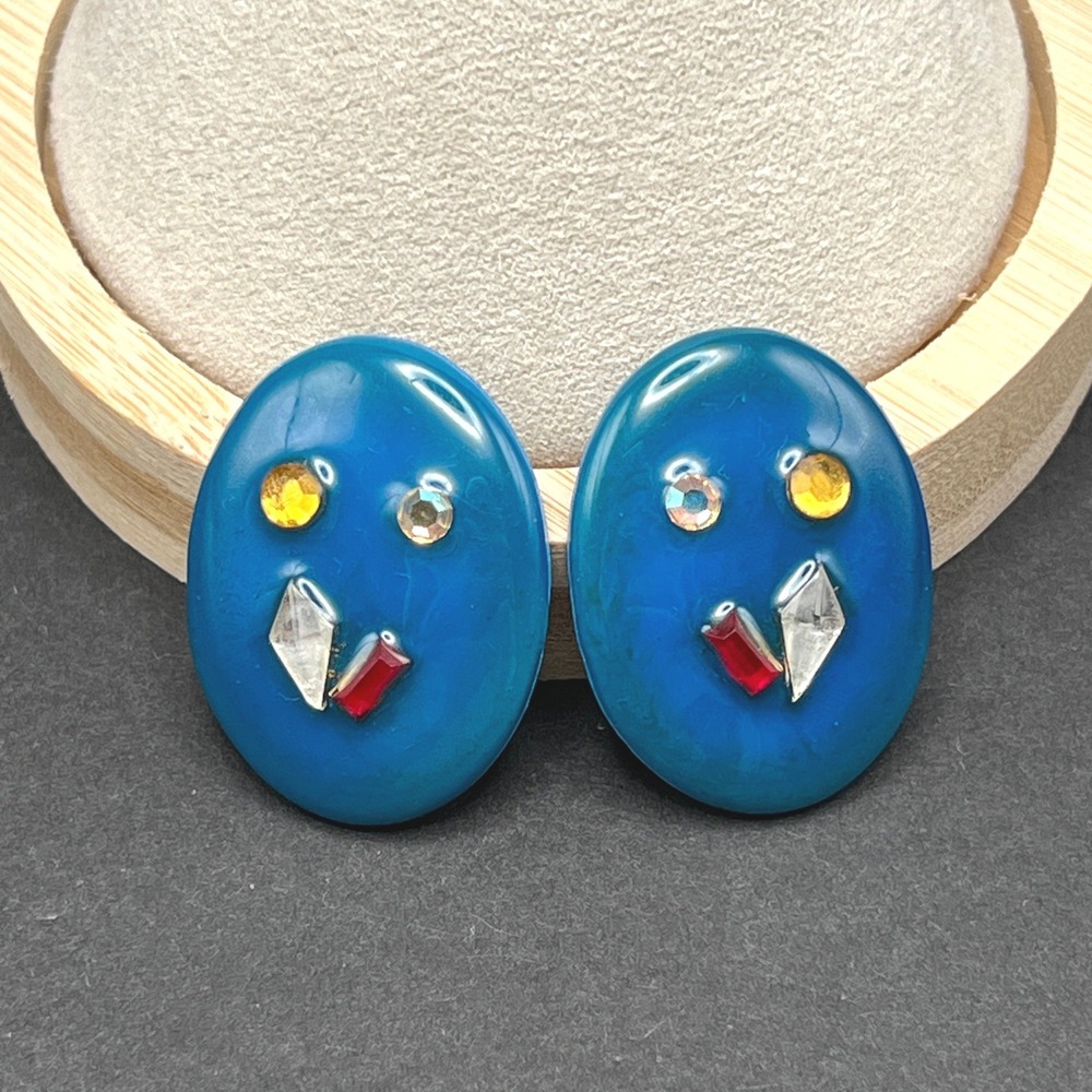 Vintage Enamel Earrings Blue Oval‎ Rhinestones Abstract Lacquered
